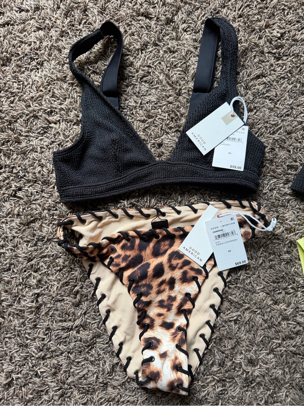 Good American Black Crochet Bralette & Leopard Print Lace-Up Bikini Bottom